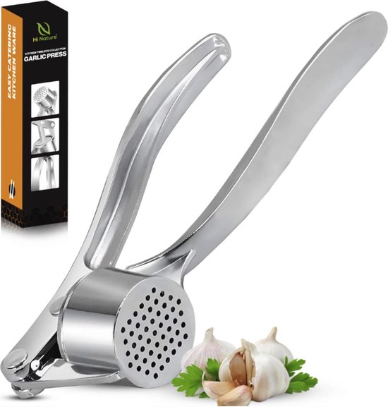 HI NATURE™ Presse-ail en acier inoxydable - Presse-ail/Presse-gingembre - Presse-ail - Presse-ail à poignée ergonomique - Passe au lave-vaisselle | Ovale, argent