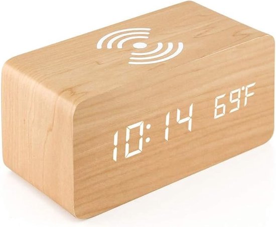 Réveil numérique en bois, alarme électronique numérique LED , charge sans fil, Klok numérique en bois avec affichage de la température et de l'heure - A