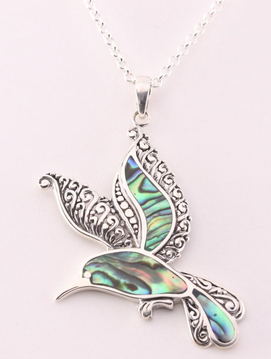 Zilveren kolibrie hanger met abalone schelp aan ketting