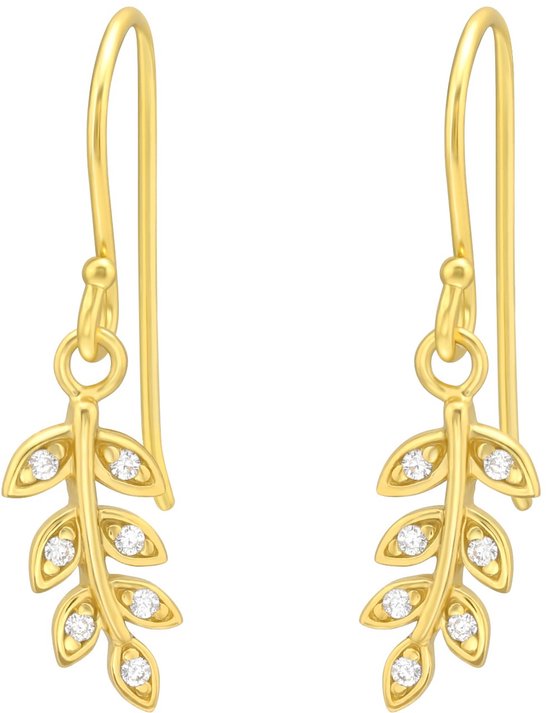 Joy|S - Zilveren blad bedel oorbellen - oorhangers - blaadjes hanger - zirkonia - 14k goudplating