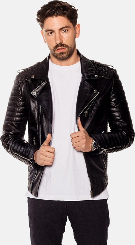 JORDAN Perfecto Leather Jacket Homme - Veste en cuir de Luxe - Cuir Premium - Sans entretien - Veste en cuir Zwart - Coupe-vent - Imperméable - TAILLE S : 48 EU