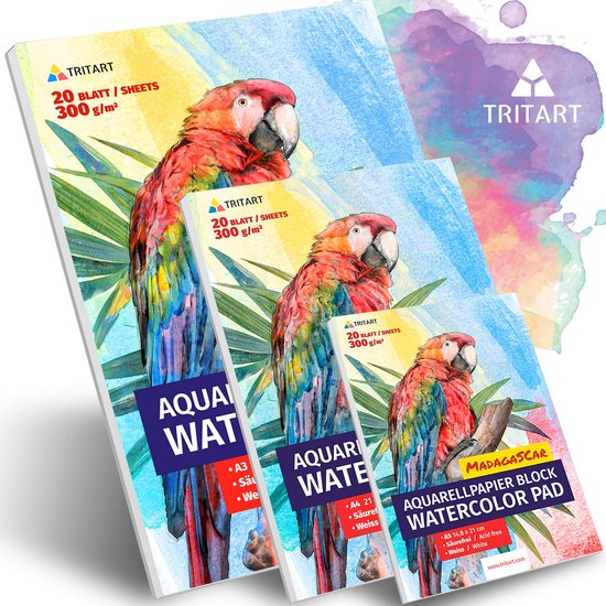 Tritart Aquarelpapier, A4, A3, A5, complete set, 300 g wit, 20 vellen per stuk