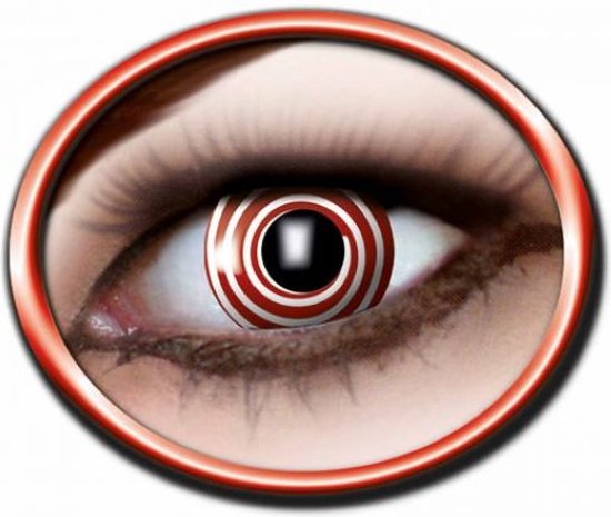 Een oog met een rode spiraal contactlens. De lens heeft witte en rode ringen die naar het midden draaien.