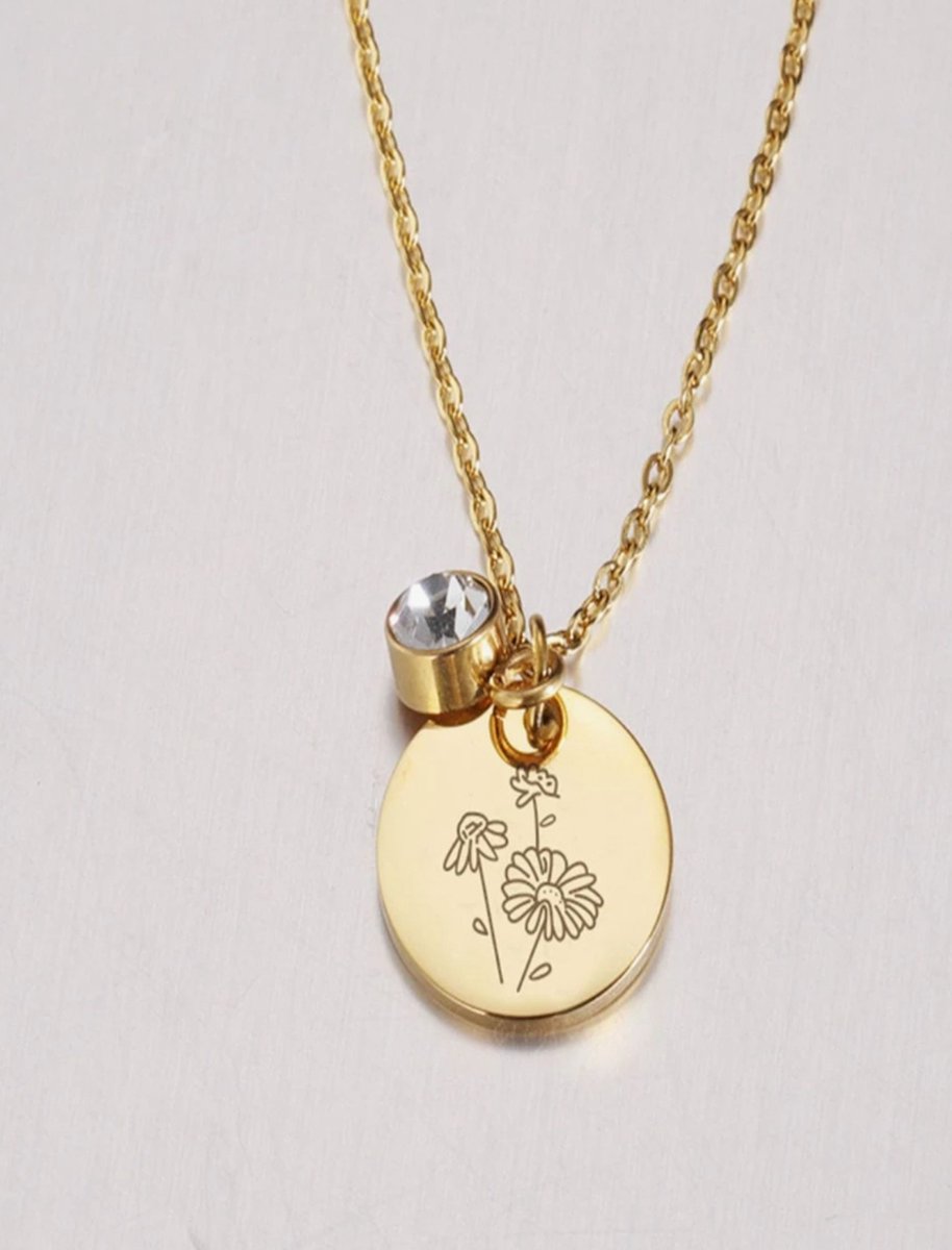 Goedkoopste Ketting - Geboortesteen - Geboortebloem - Birthstone - Birthflower - Roestvrij Staal - Gold Plated - April