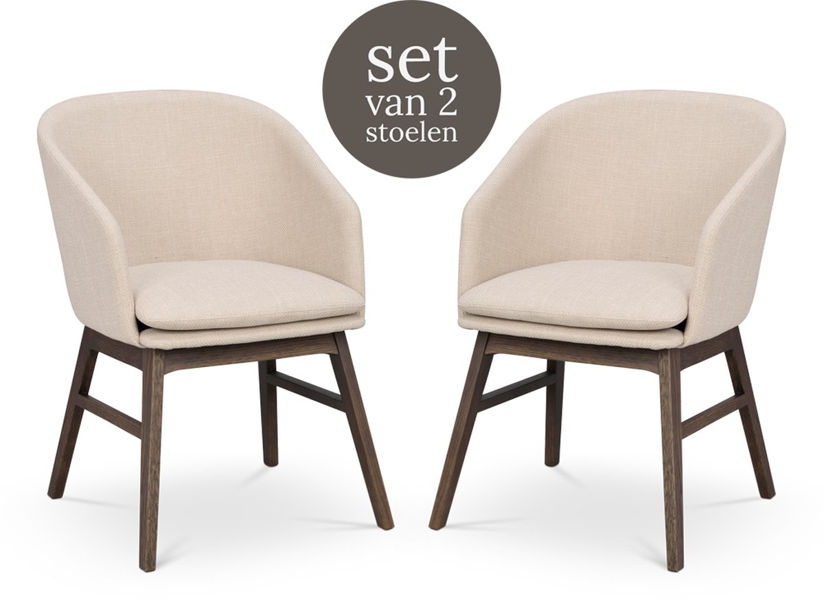 Rowico Home Windham Eetkamerstoel Beige - Donker Eiken Onderstel - Met Armleuning - Stof - Houten Poten - Set van 2 Eetkamerstoelen