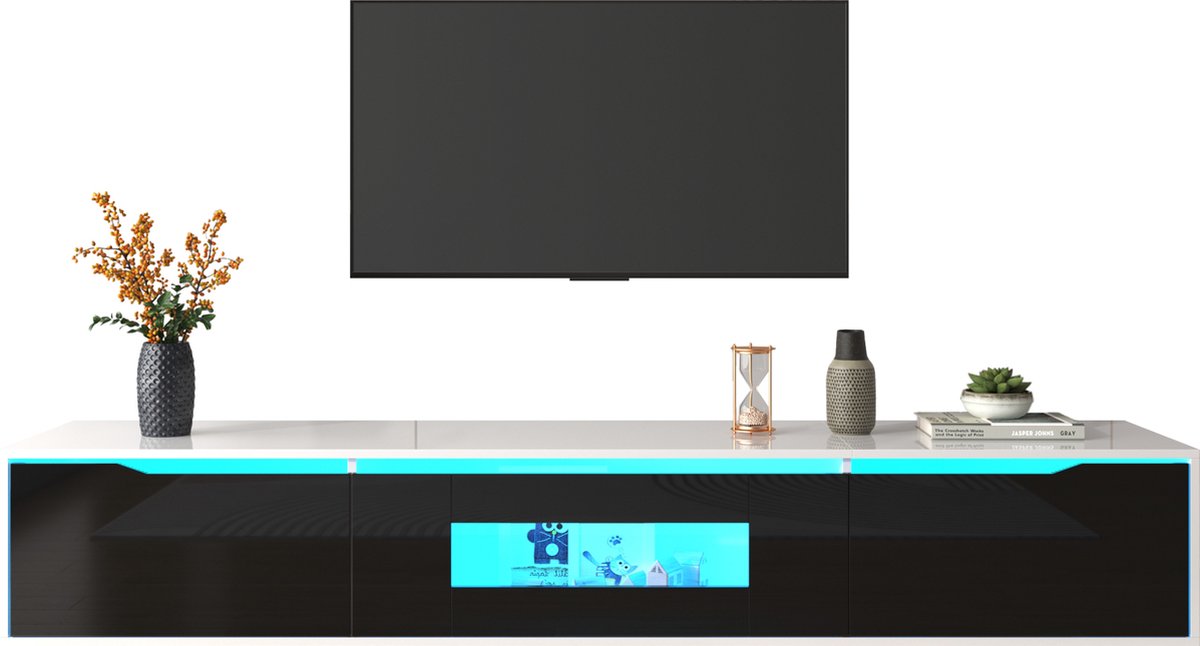 Merax Hoogglans TV-Meubel - TV Kast met LED Verlichting - Wit met Zwart