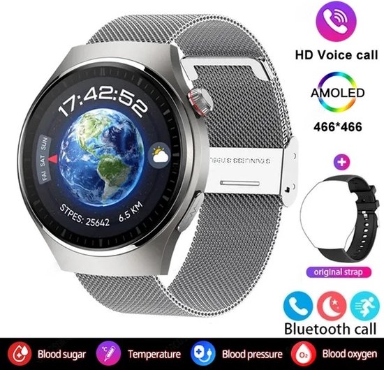 Foto: 2024 bloedsuiker smart watch niet invasieve bloedglucose hartslag gezondheid monitor pijnloos meten sport smartwatch insuline meten ai technologie zilveren band extra zwarte ledere band