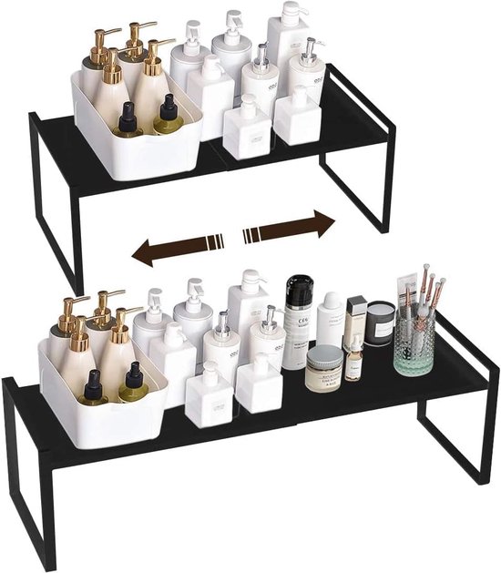 Uitbreidbare keukenplankorganizer, 35-65 cm, zwart, keukenkastplank, opvouwbaar opbergrek van metaal, stapelbaar kruidenrek voor servies en benodigdheden, meer opbergruimte, voorraadkast, badkamer