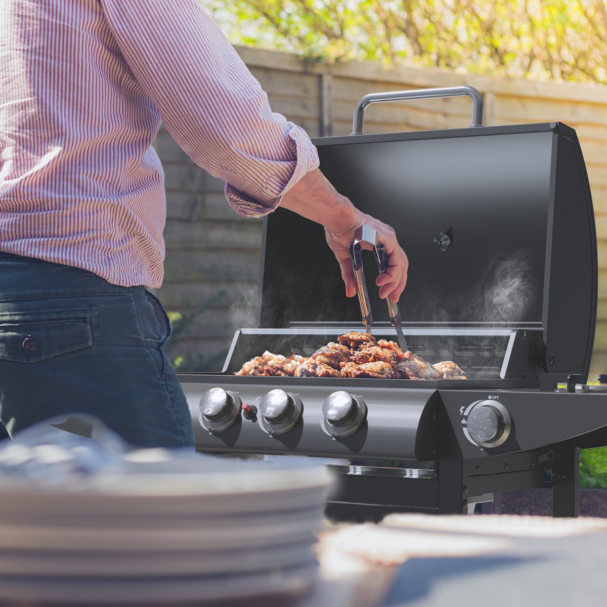 KitchenBrothers Gas BBQ - Gasbarbecue met zijbrander - 5 Branders - PFAS Vrij - Met Gasaansluiting - 42x57cm Grilloppervlak - Extra Opbergruimte - Zwart – foto 6