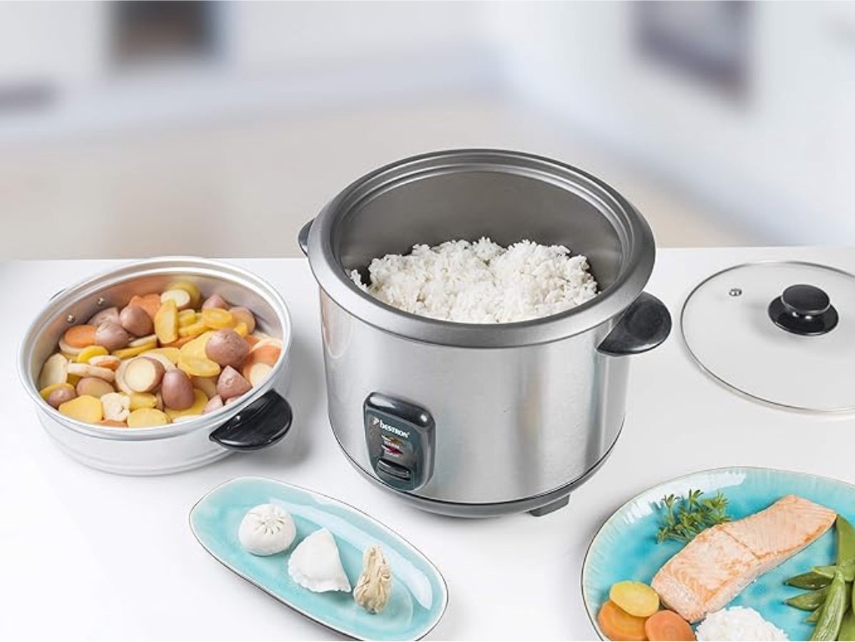 Luxe Elektrische Rijstkoker – Slimme Mechanische Slowcooker – Steam Basket – Warmhoudfunctie – 3 Lagen – 1,8L Compact Design – 700W - RVS – foto 5