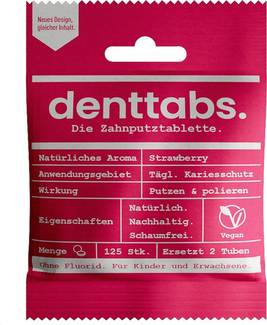 Denttabs tandpastatabletten met aardbeiensmaak - met fluor- 125 stuks - vegan - plasticvrij