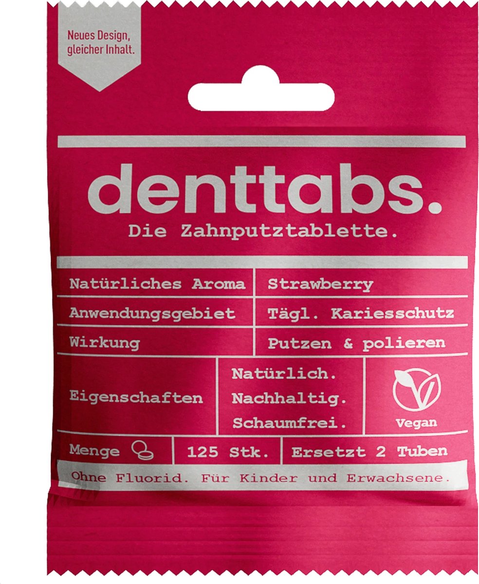 Goedkoopste Denttabs tandpastatabletten met aardbeiensmaak - met fluor- 125 stuks - vegan - plasticvrij