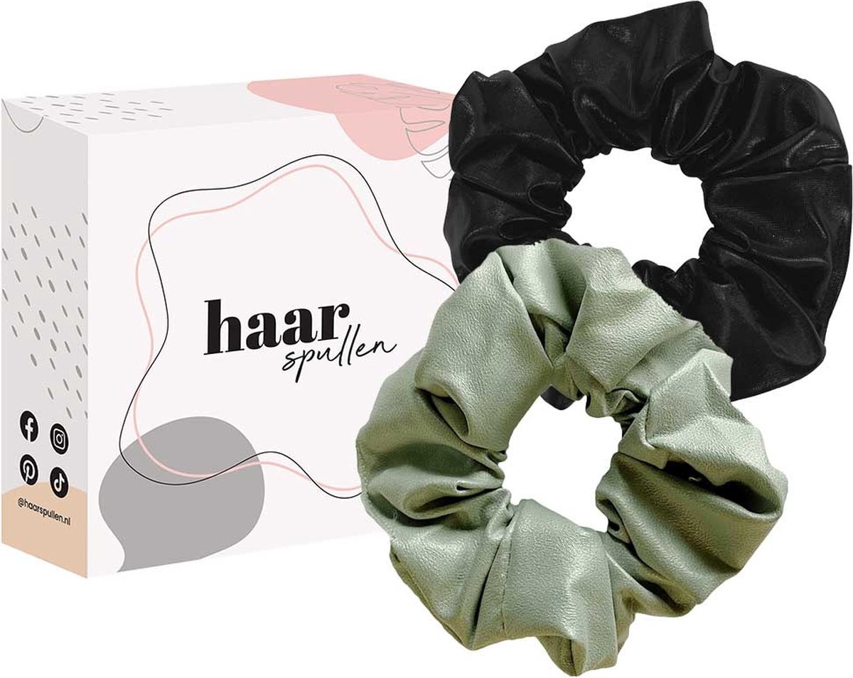 Leather Scrunchie Duo Set Zwart & Groen