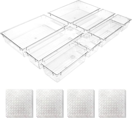 Lade-organizer Set Van 8 Stuks – Stapelbare Kunststof Dienbladen Voor Bureauladen, Keuken, Badkamer En Slaapkamer – Zwart