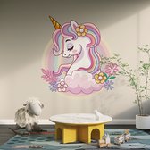 Muursticker Unicorn met wolk en bloemen - 20 x 22 cm - baby en kinderkamer - muursticker eenhoorn unicorn baby en kinderkamer - muursticker dieren