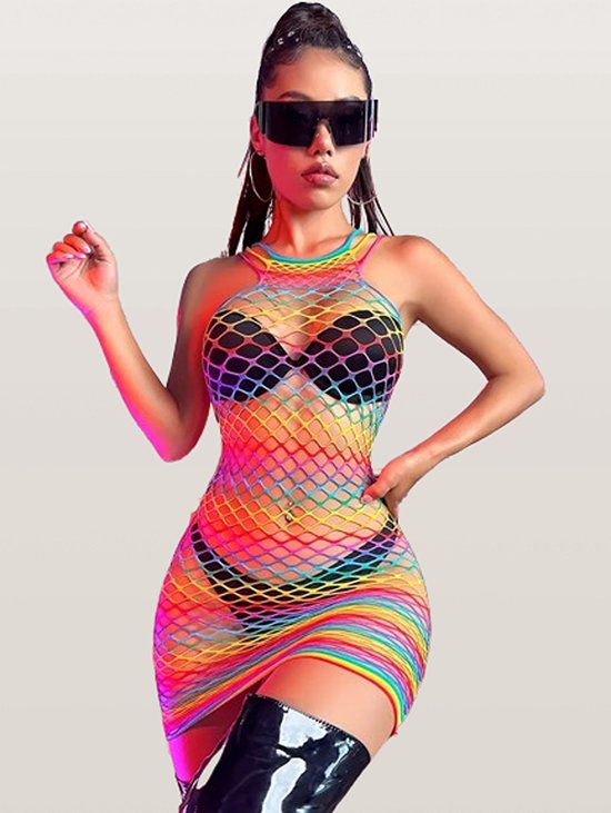 LekkerStout® Sexy Regenboog Visnet Lingerie-jurk | Over Kleding Draagbaar | Vibrant Clubwear | S/L