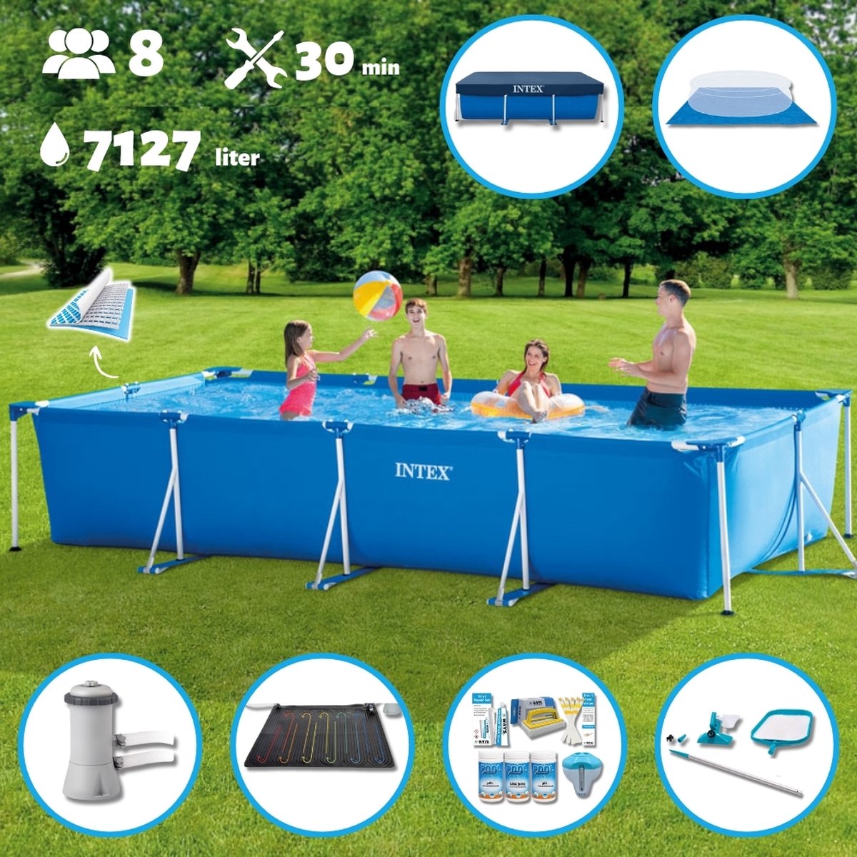 Intex Frame Pool Intex Zwembad Opzetzwembad Rechthoekig 450 x 220 x 84 cm Blauw Inclusief Pomp Verwarmingsmat Chloorpakket Onderzeil Afdekzeil Schoonmaaktset