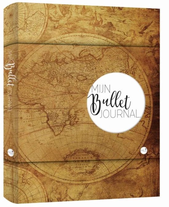 Bruine Bullet Journal met wereldkaart print. Tekst 'Mijn Bullet Journal'.