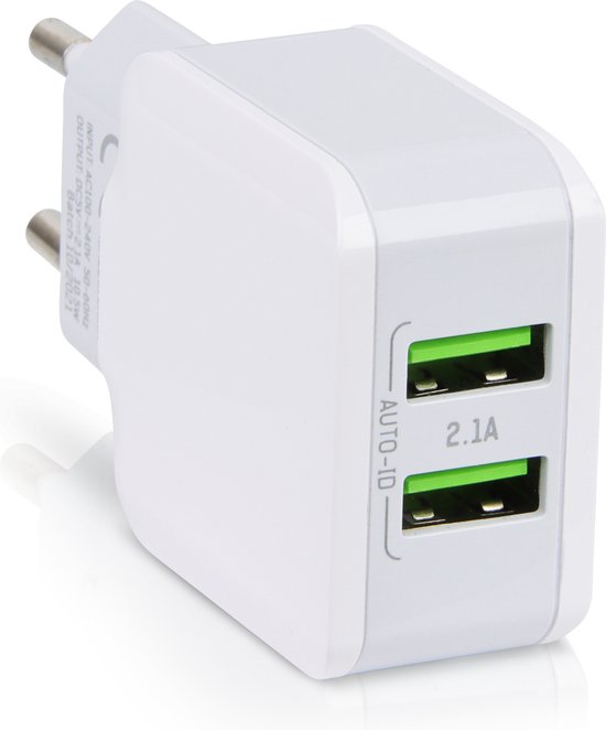 Gecertificeerde Dubbele USB Stekker Oplader met 2 Poorten - 2.1A - Geschikt voor GSM, Smartphone, Tablet, Camera, Speaker, Powerbank - Phreeze