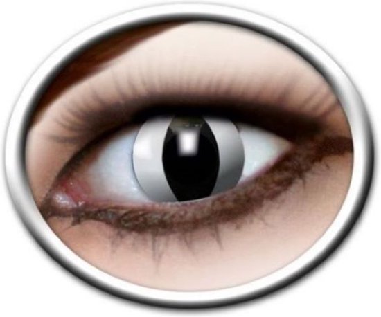 Wit met zwart, kattenoog patroon kleurlens in een oog.