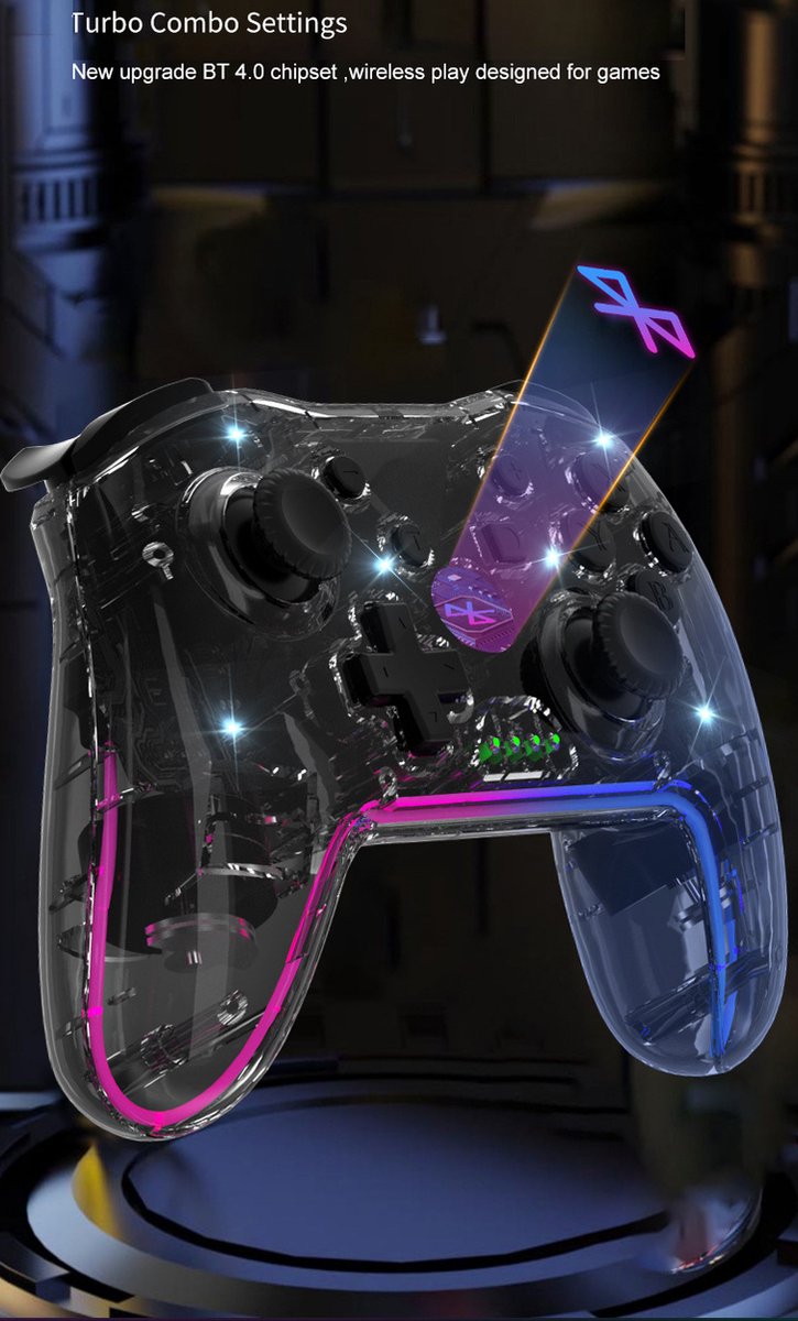 Pro Controller Draadloos - draadloze schakelaar controller - Geschikt voor Nintendo Switch Controllers - Controller Switch Support Turbo - up-functie en verstelbare LED (transparant zwart) – foto 8