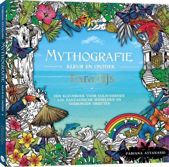 Kleurrijke omslag van 'Mythografie Paradijs' met tropische planten, dieren, zee en lucht.
