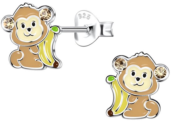 Joy|S - Zilveren aap oorbellen - 8 mm - bruin aapje met een gele banaan - kristal - kinderoorbellen