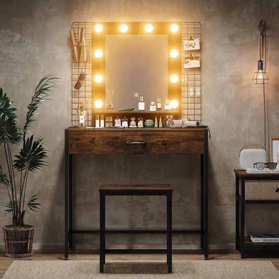 The Olive Tree Make-up Vanity Bureauset met LED-verlichting en spiegel, 33" W Make-uptafel met lade en laadstation, kaptafel met kruk voor slaapkamer, rustiek bruin