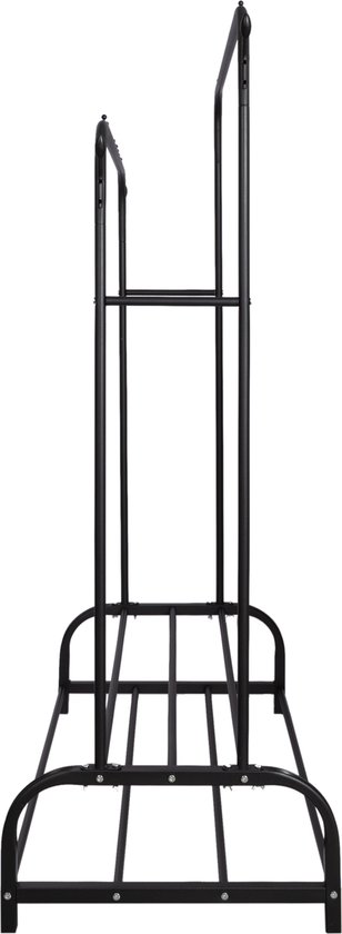 Zij-aanzicht van een zwart, metalen kledingrek met twee kledingstangen en schoenenplanken.