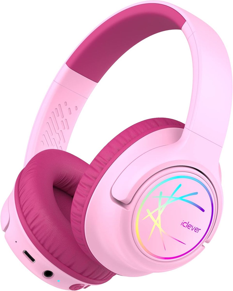 iClever - BTH18 - draadloze kinderkoptelefoon - volumebegrenzing - led lights - microfoon, opvouwbaar (roze)