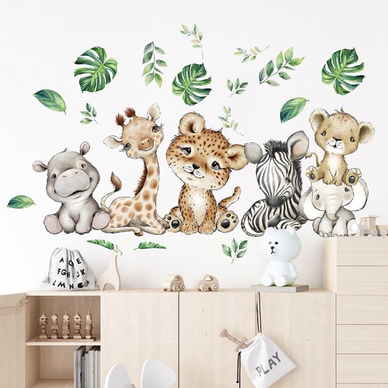 Grote muur- of deur stickerset Baby Jungle Animals jungle
