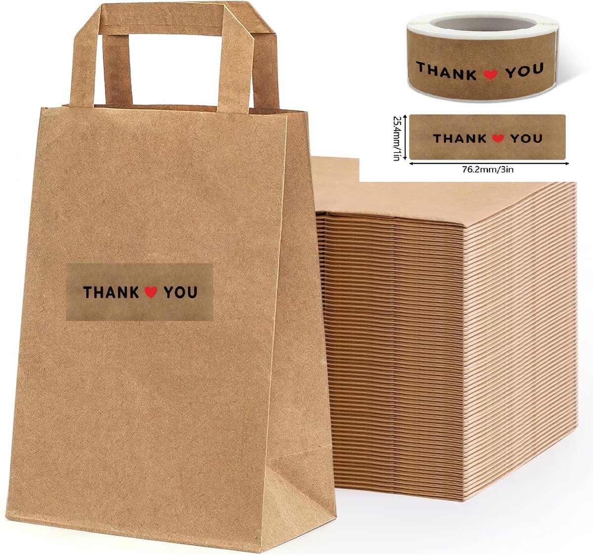25 x Bruine Draagtassen/ papieren tassen In Kraftpapier Met Platte Oren 18x8x22cm en stickers thank you Kraft Papieren Tasjes Met Handvat/ Cadeautasjes bruin met vlak handgrepen / Zakjes/