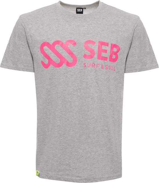 SEB Tee Grey - Pink Logo | T shirt heren - Grijs - Neon - Organisch katoen