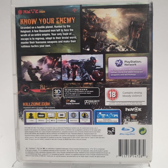 Dos de la jaquette du jeu Killzone 3 sur PlayStation 3, avec illustrations et détails du jeu.