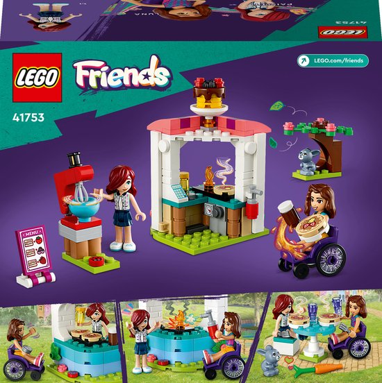 Ensemble de jeu LEGO Friends Crêperie avec mini-poupées, stand et différentes scènes de jeu.