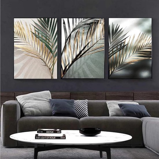ConBlom Schilderij, set van 3 designer canvas posters wandschilderijen, abstract zwart gouden plantenblad canvas poster print moderne Scandinavische decoratie muurkunst schilderij afbeelding