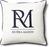 Riviera Maison Kussenhoes 50x50 wit met blauw tekst RM logo - RM Monogram sierkussen vierkant