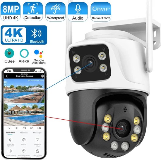 ZOSI 8MP Pan&Tilt WLAN-Beveiligingscamera Buiten met Dubbele Lens (4MP 4MP), Stekker-in Voeding 355 ° / 140 ° Draaibare WiFi IP-Camera, Automatisch Volgen, Nachtzicht in Kleur, C298