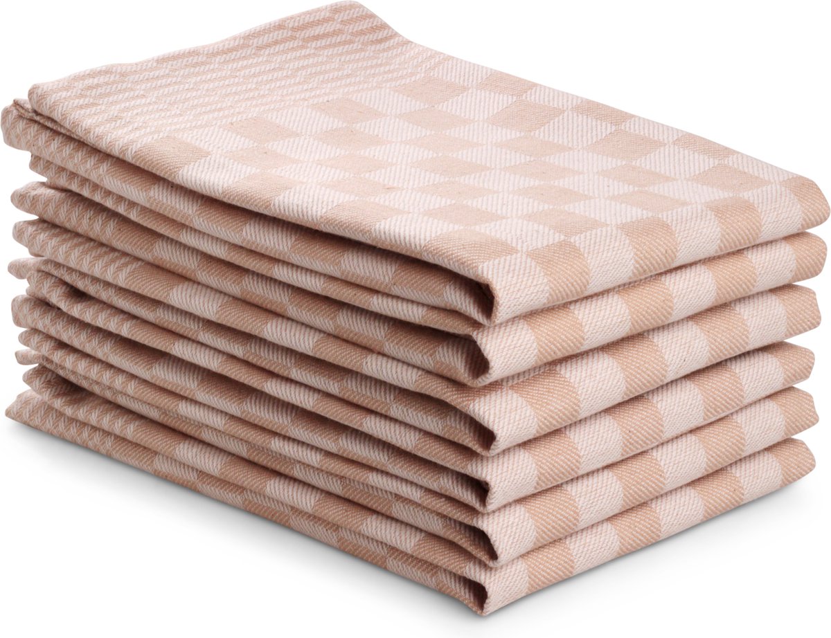 DoubleDry Theedoeken - 6 stuks - 50x70 cm - 100% katoen - blokpatroon - geblokt - horeca ruit - zand