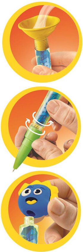 Drie circulaire beelden: een gele trechter die wordt gebruikt, een groene pen die wordt gevuld, en een blauw monsterhoofdje dat op een pen wordt gezet.