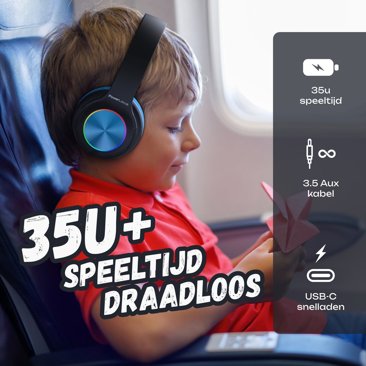Afbeelding 2 van PowerLocus PLED Draadloze Koptelefoon Over-Ear voor Kinderen - LED lampjes - met Microfoon - Micro SD poort - Zwart/Blauw