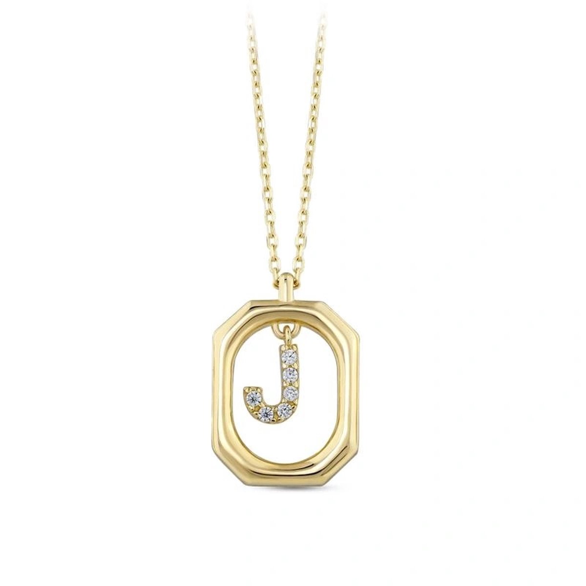 Goud Hanger Letter J met Ketting Zirkonia 14 karaats