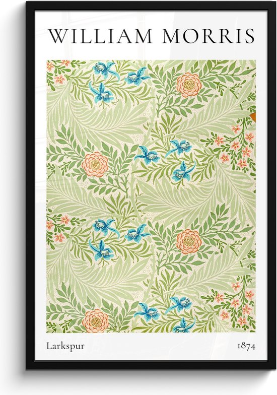 Fotolijst inclusief poster - Posterlijst 60x90 cm - Posters - William Morris - Larkspur - Abstract - Natuur - Foto in lijst decoratie - Wanddecoratie woonkamer - Muurdecoratie slaapkamer