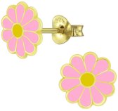 Joy|S - Zilveren Madelief bloem oorbellen - roze geel - 14k goudplating