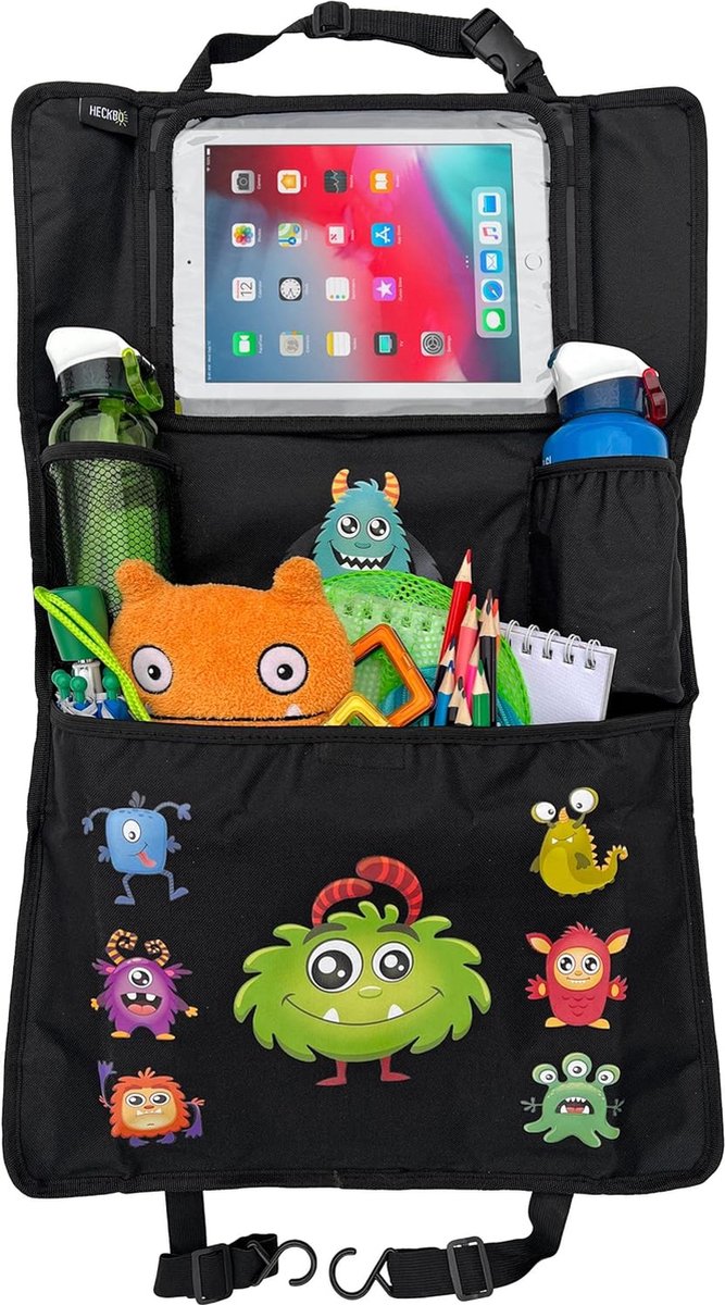 Image of 1 x rugleuningbeschermer voor kinderen, organizer met verstelbare tablettas met touchfolie voor maximaal 20 inch, monstermotief, universeel, 70 x 45 cm, incl. thermotas + stretch nettas
