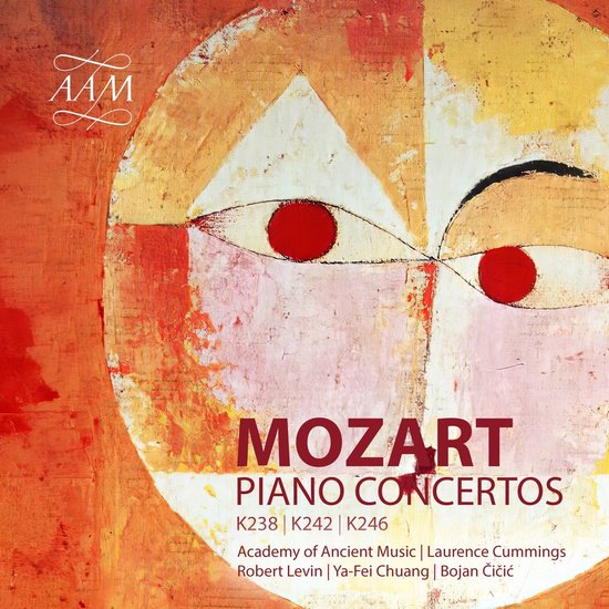 MOZART PIANO CONCERTOS K238 | K242 | K246. Abstracte kunst met rode cirkels als ogen en een oranje achtergrond.