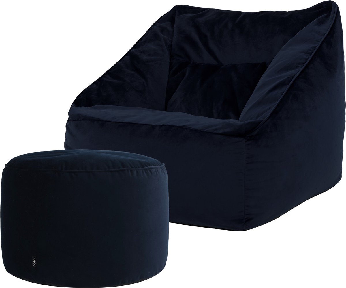 Icon Natalia XL Zitzak Fauteuil met Ronde Poef - Velours - Middernachtblauw