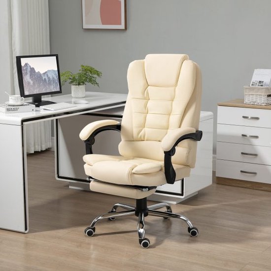 Chaise de chef avec repose-pieds, chaise de bureau avec nouvelle fontaine, chaise d'ordinateur réglable en hauteur avec accoudoirs, cuir synthétique, crème