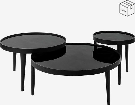 Table d'appoint Zwart, Table basse, Onyx ronde, ensemble de table basse, ensemble de table de 3, effet bronze, tables à 3 pieds, plateau en verre, noir