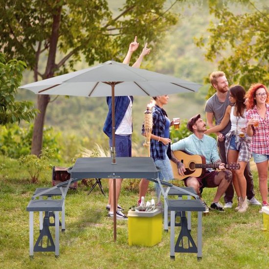 Zaza Home ALU camping tafel picknick bank zitting groep tuin tafel met 4 stoelen opvouwbaar donkergrijs